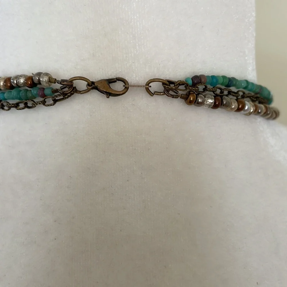 HAND CRAFTED NECKLACE Seed Beads Bronze Pewter Turquoise Mix Antique Brass Boho - Picture 4 of 10